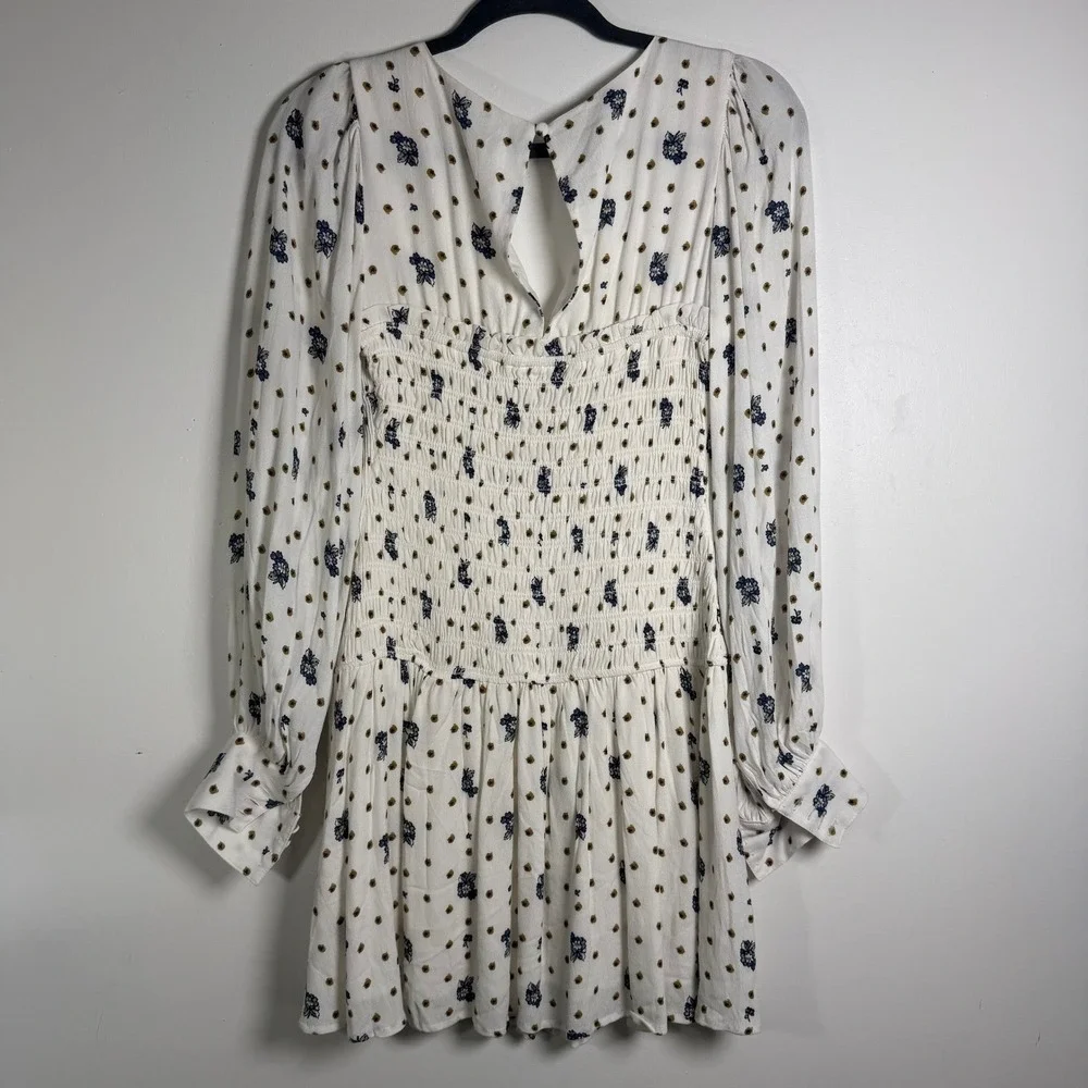 Free People‎ Two Faces Mini Dress XS White Floral Long Sleeve Boho Cottagecore
